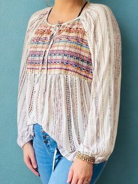 Savanna Jane Aztec Embroidered Boho Peasant Blouse- Optional Tie Closure- Size M